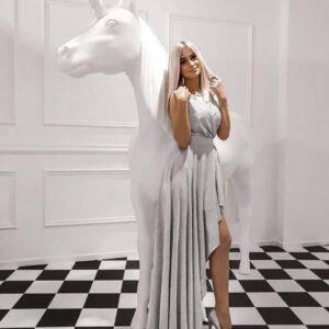 Sukienka długa srebrna bok krótszy 36 , 38